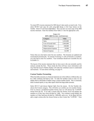 The Basic Financial Statements              47




                                                                  The Income Statement




To create EPI’s income statement for 2003 doesn’t take nearly as much work. First,
select B5:B15 and copy the cells using Edit Copy or the Copy button on the
Toolbar. Select C5 and choose Edit Paste. Now you have an exact copy of the 2004
income statement. Enter the numbers from Table 2-1 into the appropriate cells.

                                     TABLE 2-1
                         EPI’S 2003 INCOME AND EXPENSES
                      Category                          Value
                      Sales                            3,432,000
                      Cost of Goods Sold               2,864,000
                      SG&A Expenses                      240,000
                      Depreciation Expense                 18,900
                      Interest Expense                     62,500

Notice that you only had to enter the new numbers. The formulas are updated and
recalculated automatically. So instead of entering 11 cells of formulas or numbers,
you only had to enter five numbers. Your worksheet should now resemble the one
in Exhibit 2-1.

The layout of the income statement that we have seen is the one normally used by
analysts outside the firm. Those inside the firm will have more information and
may find that Excel’s Outline display will make the worksheet easier to understand
and maintain. To learn about outlining, see page 61.


Custom Number Formatting
When the dollar amounts on a financial statement are in the millions or billions they can
be a little confusing and hard to read. To make the numbers easier to read, we can
display them in thousands of dollars using a custom number format. This is commonly
done in annual reports, or any other report which lists large dollar amounts.

Select B5:C15 and choose Format Cells from the menus. On the Number tab,
choose the Custom category. This will allow us to define our own number format.
First we choose a predefined number format, here we will choose the “#,##0.00”
format from the list. If we add a comma after the format, Excel will display the
numbers as if they have been divided by 1,000. Two commas would display the
number as if they had been divided by 1,000,000, and so on. In the Type edit box
add a single comma after the chosen format so that it looks like “#,##0.00,”. Note




                                                                                     47
 