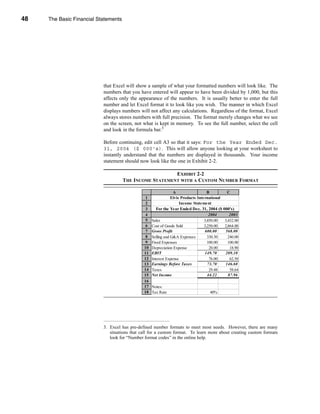 48     The Basic Financial Statements




     CHAPTER 2: The Basic Financial Statements




                                 that Excel will show a sample of what your formatted numbers will look like. The
                                 numbers that you have entered will appear to have been divided by 1,000, but this
                                 affects only the appearance of the numbers. It is usually better to enter the full
                                 number and let Excel format it to look like you wish. The manner in which Excel
                                 displays numbers will not affect any calculations. Regardless of the format, Excel
                                 always stores numbers with full precision. The format merely changes what we see
                                 on the screen, not what is kept in memory. To see the full number, select the cell
                                 and look in the formula bar.3

                                 Before continuing, edit cell A3 so that it says: For the Year Ended Dec.
                                 31, 2004 ($ 000's). This will allow anyone looking at your worksheet to
                                 instantly understand that the numbers are displayed in thousands. Your income
                                 statement should now look like the one in Exhibit 2-2.

                                                             EXHIBIT 2-2
                                          THE INCOME STATEMENT WITH A CUSTOM NUMBER FORMAT

                                                                      A                  B           C
                                                      1              Elvis Products International
                                                      2                   Income Statement
                                                      3     For the Year Ended Dec. 31, 2004 ($ 000's)
                                                      4                                   2004         2003
                                                      5   Sales                        3,850.00     3,432.00
                                                      6   Cost of Goods Sold           3,250.00     2,864.00
                                                      7   Gross Profit                 600.00       568.00
                                                      8   Selling and G&A Expenses       330.30       240.00
                                                      9   Fixed Expenses                 100.00       100.00
                                                     10   Depreciation Expense            20.00        18.90
                                                     11   EBIT                         149.70       209.10
                                                     12   Interest Expense                76.00        62.50
                                                     13   Earnings Before Taxes          73.70      146.60
                                                     14   Taxes                           29.48        58.64
                                                     15   Net Income                     44.22        87.96
                                                     16
                                                     17   Notes:
                                                     18   Tax Rate                         40%




                                 3. Excel has pre-defined number formats to meet most needs. However, there are many
                                    situations that call for a custom format. To learn more about creating custom formats
                                    look for “Number format codes” in the online help.




     48
 