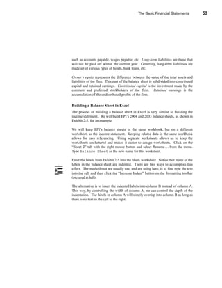 The Basic Financial Statements            53




                                                                   The Balance Sheet




such as accounts payable, wages payable, etc. Long-term liabilities are those that
will not be paid off within the current year. Generally, long-term liabilities are
made up of various types of bonds, bank loans, etc.

Owner’s equity represents the difference between the value of the total assets and
liabilities of the firm. This part of the balance sheet is subdivided into contributed
capital and retained earnings. Contributed capital is the investment made by the
common and preferred stockholders of the firm. Retained earnings is the
accumulation of the undistributed profits of the firm.


Building a Balance Sheet in Excel
The process of building a balance sheet in Excel is very similar to building the
income statement. We will build EPI’s 2004 and 2003 balance sheets, as shown in
Exhibit 2-5, for an example.

We will keep EPI’s balance sheets in the same workbook, but on a different
worksheet, as the income statement. Keeping related data in the same workbook
allows for easy referencing. Using separate worksheets allows us to keep the
worksheets uncluttered and makes it easier to design worksheets. Click on the
“Sheet 2” tab with the right mouse button and select Rename . . . from the menu.
Type Balance Sheet as the new name for this worksheet.

Enter the labels from Exhibit 2-5 into the blank worksheet. Notice that many of the
labels in the balance sheet are indented. There are two ways to accomplish this
effect. The method that we usually use, and are using here, is to first type the text
into the cell and then click the “Increase Indent” button on the formatting toolbar
(pictured at left).

The alternative is to insert the indented labels into column B instead of column A.
This way, by controlling the width of column A, we can control the depth of the
indentation. The labels in column A will simply overlap into column B as long as
there is no text in the cell to the right.




                                                                                  53
 
