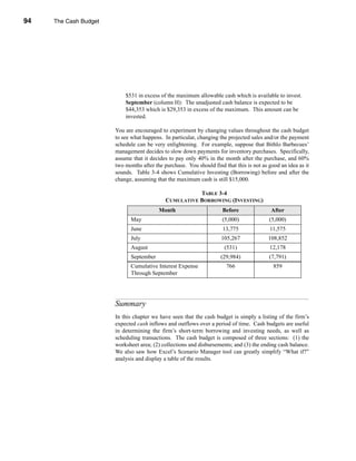 94     The Cash Budget




     CHAPTER 3: The Cash Budget




                                      $531 in excess of the maximum allowable cash which is available to invest.
                                      September (column H): The unadjusted cash balance is expected to be
                                      $44,353 which is $29,353 in excess of the maximum. This amount can be
                                      invested.

                                  You are encouraged to experiment by changing values throughout the cash budget
                                  to see what happens. In particular, changing the projected sales and/or the payment
                                  schedule can be very enlightening. For example, suppose that Bithlo Barbecues’
                                  management decides to slow down payments for inventory purchases. Specifically,
                                  assume that it decides to pay only 40% in the month after the purchase, and 60%
                                  two months after the purchase. You should find that this is not as good an idea as it
                                  sounds. Table 3-4 shows Cumulative Investing (Borrowing) before and after the
                                  change, assuming that the maximum cash is still $15,000.

                                                                   TABLE 3-4
                                                        CUMULATIVE BORROWING (INVESTING)
                                                     Month                       Before               After
                                        May                                     (5,000)              (5,000)
                                        June                                     13,775              11,575
                                        July                                    105,267              108,852
                                        August                                   (531)               12,178
                                        September                               (29,984)             (7,791)
                                        Cumulative Interest Expense               766                  859
                                        Through September




                                  Summary
                                  In this chapter we have seen that the cash budget is simply a listing of the firm’s
                                  expected cash inflows and outflows over a period of time. Cash budgets are useful
                                  in determining the firm’s short-term borrowing and investing needs, as well as
                                  scheduling transactions. The cash budget is composed of three sections: (1) the
                                  worksheet area; (2) collections and disbursements; and (3) the ending cash balance.
                                  We also saw how Excel’s Scenario Manager tool can greatly simplify “What if?”
                                  analysis and display a table of the results.




     94
 