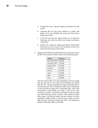 96     The Cash Budget




     CHAPTER 3: The Cash Budget




                                       a.   Calculate the firm’s expected ending cash balance for each
                                            month.
                                       b.   Assuming that the firm must maintain an ending cash
                                            balance of at least $20,000, how much must they borrow
                                            during each month?
                                       c.   If the firm must pay 8% annual interest on its short-term
                                            borrowing, how does this affect your ending cash balance
                                            calculations?
                                       d.   Finally, how would your ending cash balance change if the
                                            firm uses any cash in excess of the minimum to pay off its
                                            short-term borrowing in each month?

                                  2.   Huggins and Griffin Financial Planners have forecasted revenues
                                       for the first six months of 2005 as shown in the following table.

                                                       Month             Revenue
                                                       November 2004     $48,000
                                                       December 2004     $45,000
                                                       January 2005      $25,000
                                                       February          $27,000
                                                       March             $30,000
                                                       April            $38,000
                                                       May               $40,000
                                                       June              $45,000

                                       The firm collects 60% of its sales immediately, 39% one month
                                       after the sale, and 1% are written off as bad debts two months
                                       after the sale. The firm assumes that wages and benefits paid to
                                       clerical personnel will be $7,000 per month while commissions
                                       to sales associates average 25% of collectable sales. Each of the
                                       two partners is paid $5,000 per month or 20% of net sales,
                                       whichever is greater. Commissions and partner salaries are paid
                                       one month after the revenue is earned. Rent expense for their
                                       office space is $2,500 per month, and lease expense for office
                                       equipment is $800. Utilities average $175 per month, except in
                                       May and June when they average only $100. The ending cash
                                       balance in December 2004 was $12,000.




     96
 