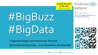 Le Node Bordeaux
03.Déc.2013
http://bxno.de/

#BigBuzz
#BigData
L'apprentissage commence par l’écoute
@ ExcelerateSystems, nous écoutons vos Donnés!
#Cloud #BigData #Security #Mobile

@ExcelSysFrance

ExcelerateSystemsFrance

 