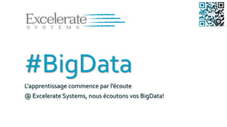 #BigData
Learning is the result of LISTENING
@Excelerate Systems, we Listen to BigData!
#Cloud #BigData #Security #Mobile @ExcelSysFrance ExcelerateSystemsFrance
 