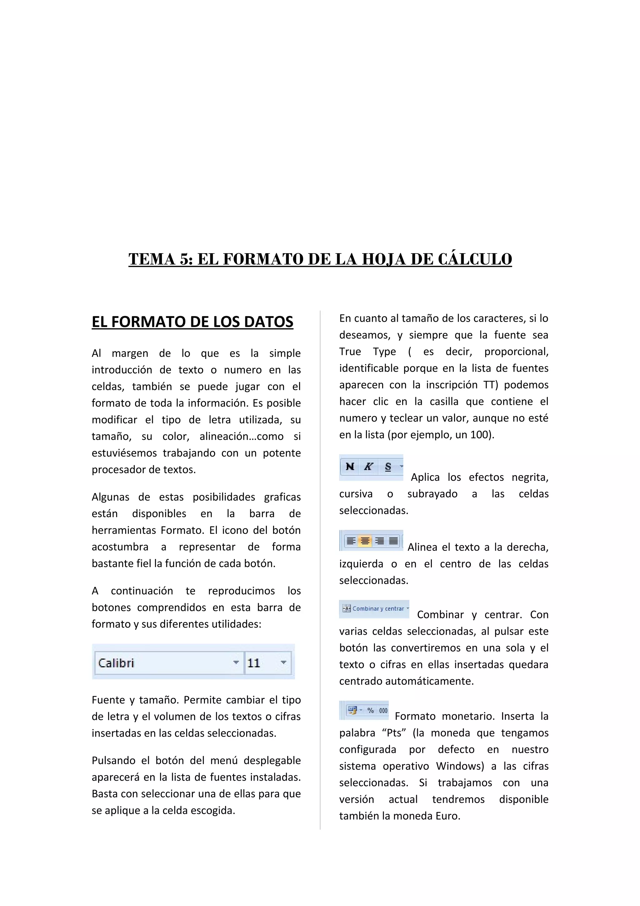 TEMA 5: EL FORMATO DE LA HOJA DE CÁLCULO


EL FORMATO DE LOS DATOS                        En cuanto al tamaño de los caracteres, si lo
                                               deseamos, y siempre que la fuente sea
Al margen de lo que es la simple               True Type ( es decir, proporcional,
introducción de texto o numero en las          identificable porque en la lista de fuentes
celdas, también se puede jugar con el          aparecen con la inscripción TT) podemos
formato de toda la información. Es posible     hacer clic en la casilla que contiene el
modificar el tipo de letra utilizada, su       numero y teclear un valor, aunque no esté
tamaño, su color, alineación…como si           en la lista (por ejemplo, un 100).
estuviésemos trabajando con un potente
procesador de textos.
                                                              Aplica los efectos negrita,
Algunas de estas posibilidades graficas        cursiva o subrayado a las celdas
están disponibles en la barra de               seleccionadas.
herramientas Formato. El icono del botón
acostumbra a representar de forma                            Alinea el texto a la derecha,
bastante fiel la función de cada botón.        izquierda o en el centro de las celdas
                                               seleccionadas.
A continuación te reproducimos los
botones comprendidos en esta barra de
                                                               Combinar y centrar. Con
formato y sus diferentes utilidades:
                                               varias celdas seleccionadas, al pulsar este
                                               botón las convertiremos en una sola y el
                                               texto o cifras en ellas insertadas quedara
                                               centrado automáticamente.
Fuente y tamaño. Permite cambiar el tipo
de letra y el volumen de los textos o cifras              Formato monetario. Inserta la
insertadas en las celdas seleccionadas.        palabra “Pts” (la moneda que tengamos
                                               configurada por defecto en nuestro
Pulsando el botón del menú desplegable         sistema operativo Windows) a las cifras
aparecerá en la lista de fuentes instaladas.   seleccionadas. Si trabajamos con una
Basta con seleccionar una de ellas para que    versión actual tendremos disponible
se aplique a la celda escogida.                también la moneda Euro.
 