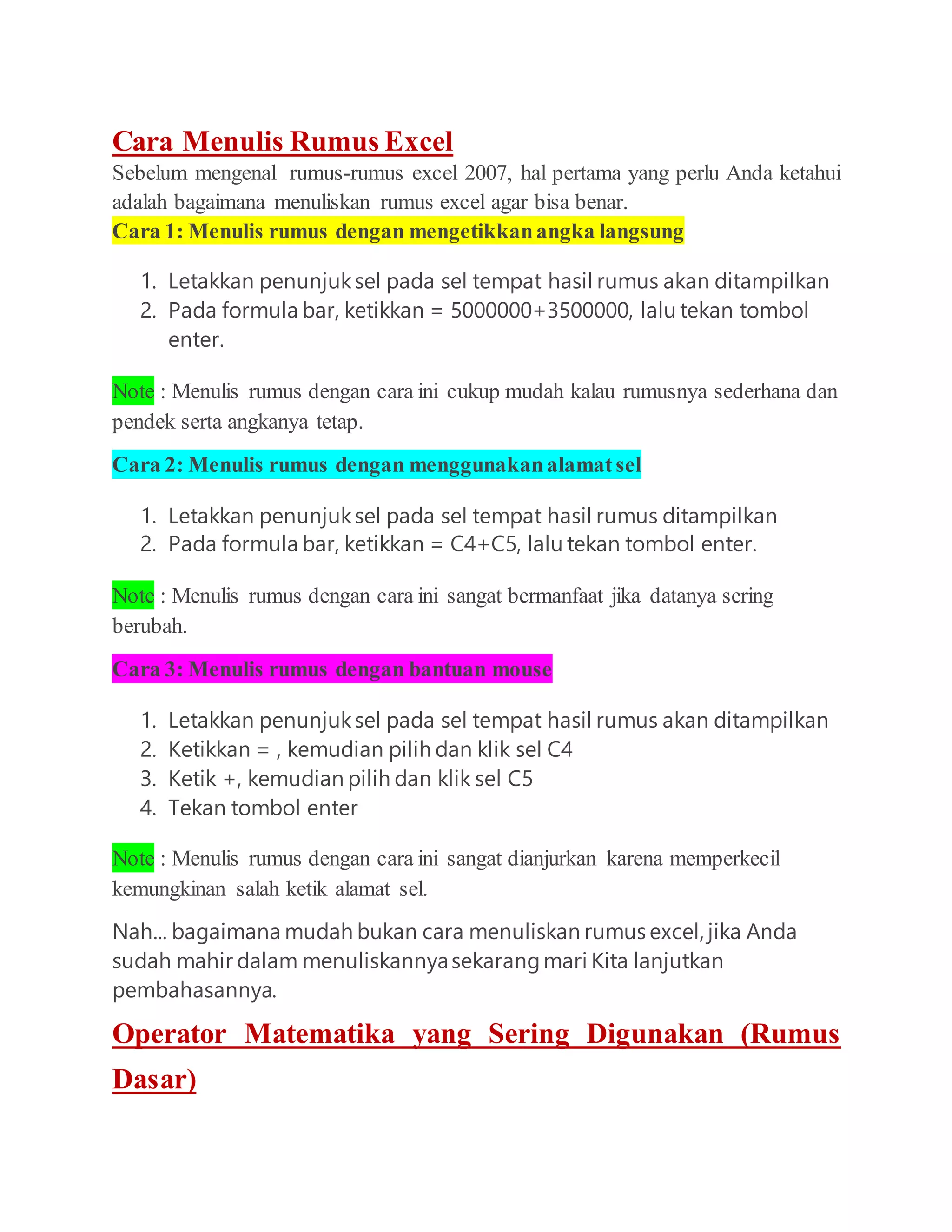 Cara Mudah Menulis Rumus Ms Excel Docx