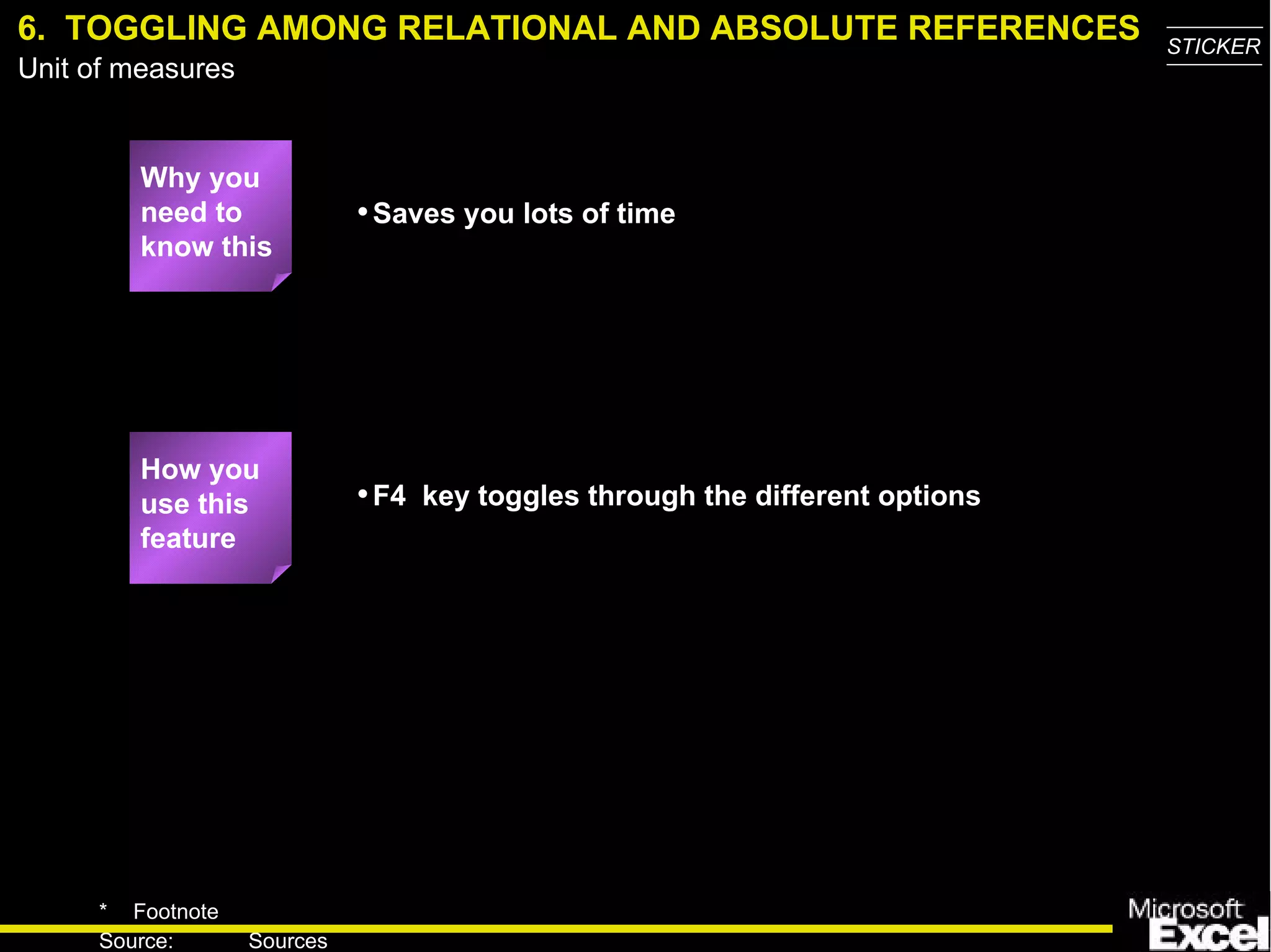 6.  TOGGLING AMONG RELATIONAL AND ABSOLUTE REFERENCES Why you need to know this Saves you lots of time F4  key toggles through the different options How you use this feature 