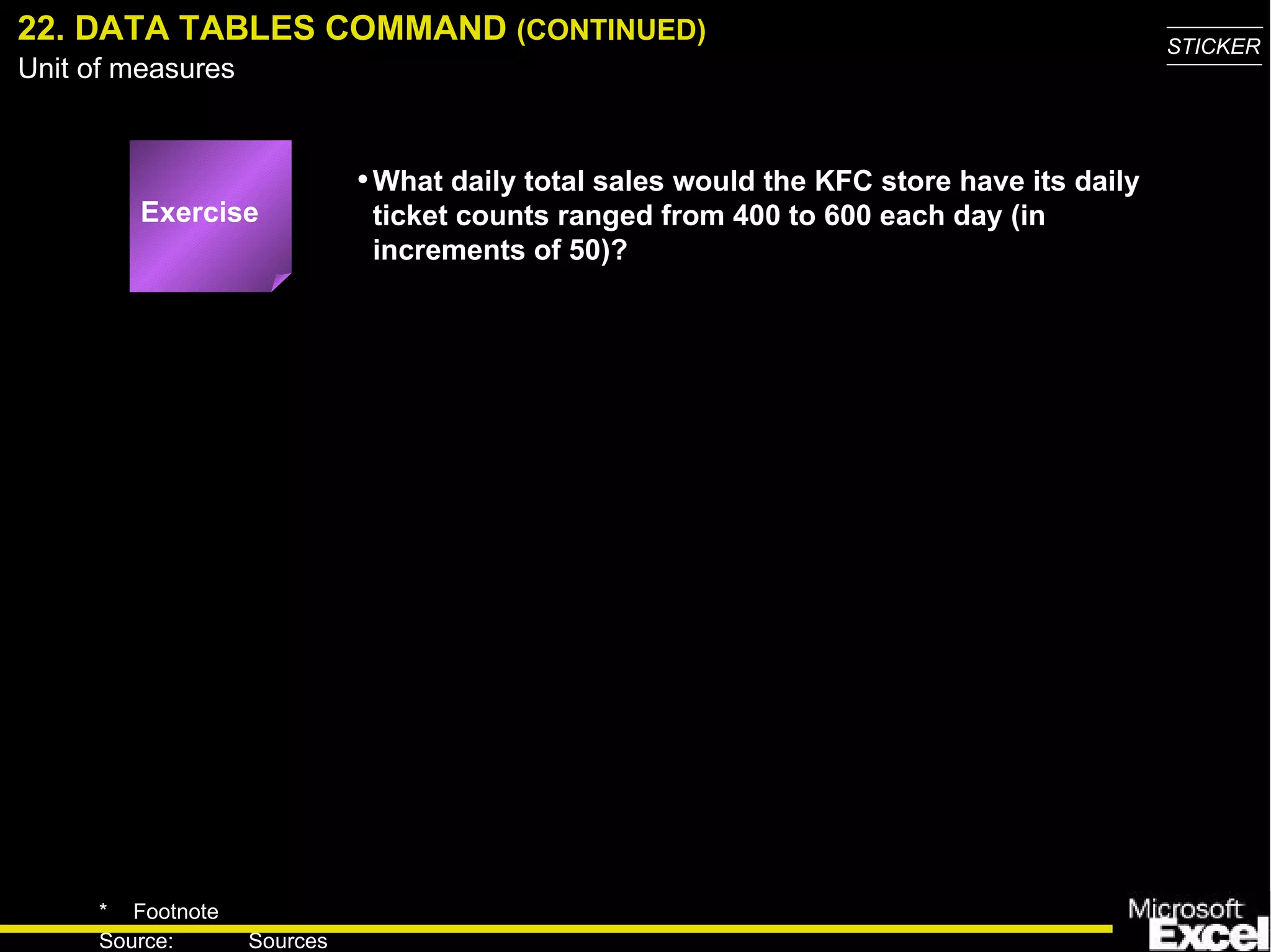 22. DATA TABLES COMMAND  (CONTINUED) What daily total sales would the KFC store have its daily ticket counts ranged from 400 to 600 each day (in increments of 50)? Exercise 