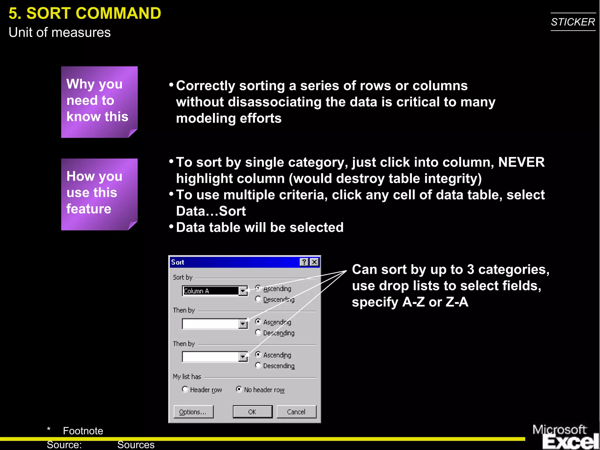 5. SORT COMMAND Why you need to know this Correctly sorting a series of rows or columns without disassociating the data is critical to many modeling efforts How you use this feature To sort by single category, just click into column, NEVER highlight column (would destroy table integrity) To use multiple criteria, click any cell of data table, select Data…Sort  Data table will be selected Can sort by up to 3 categories, use drop lists to select fields, specify A-Z or Z-A 