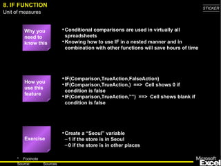 8. IF FUNCTION Why you need to know this Conditional comparisons are used in virtually all spreadsheets Knowing how to use IF in a nested manner and in combination with other functions will save hours of time IF(Comparison,TrueAction,FalseAction) IF(Comparison,TrueAction,)  ==>  Cell shows 0 if condition is false IF(Comparison,TrueAction,””)  ==>  Cell shows blank if condition is false Create a “Seoul” variable 1 if the store is in Seoul 0 if the store is in other places How you use this feature Exercise 
