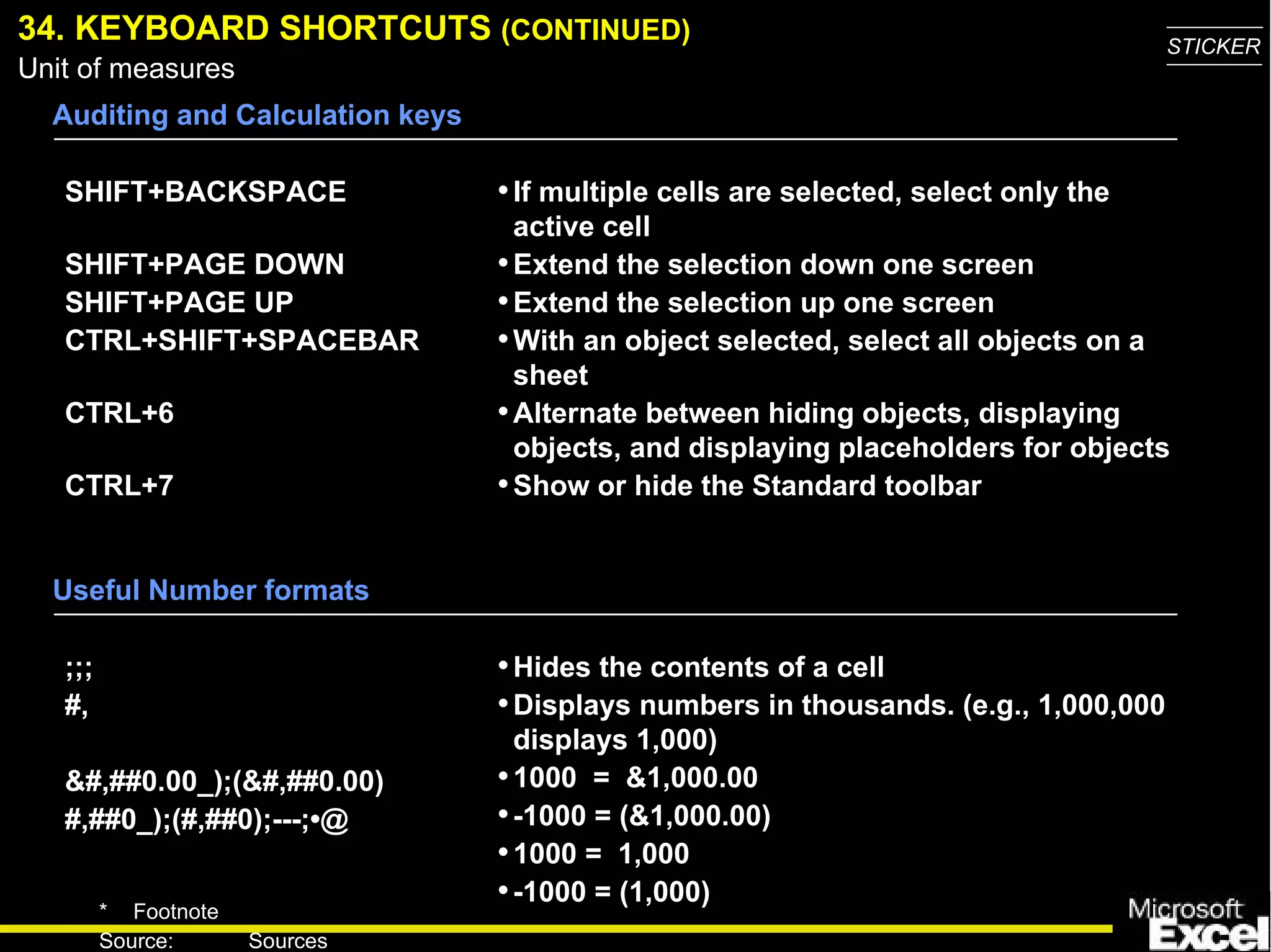 34. KEYBOARD SHORTCUTS  (CONTINUED) Auditing and Calculation keys SHIFT+BACKSPACE SHIFT+PAGE DOWN SHIFT+PAGE UP CTRL+SHIFT+SPACEBAR CTRL+6 CTRL+7 If multiple cells are selected, select only the active cell Extend the selection down one screen Extend the selection up one screen With an object selected, select all objects on a sheet Alternate between hiding objects, displaying objects, and displaying placeholders for objects Show or hide the Standard toolbar Useful Number formats ;;; #, &#,##0.00_);(&#,##0.00) #,##0_);(#,##0);---;•@ Hides the contents of a cell Displays numbers in thousands. (e.g., 1,000,000 displays 1,000) 1000  =  &1,000.00 -1000 = (&1,000.00) 1000 =  1,000 -1000 = (1,000) 