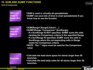 10. SUM AND SUMIF FUNCTIONS Why you need to know this SUM is used in virtually all spreadsheets SUMIF can save lots of time in most spreadsheets if you know how to use the function SUM(Range1,Range2,Value1,…) SUMIF(Range,”Comparison”,SumRange) If a SumRange IS NOT specified, SUMIF sums the cells meeting the Comparison criteria in the specified Range  If a SumRange IS specified, SUMIF sums the cells in SumRange where the corresponding cells in Range meets the Comparison criteria NOTE:  The “” signs must be used for the Comparison value Calculate the total store space for stores larger than 50 branches Calculate the total daily sales for all stores larger than 50 branches How you use this feature Exercise 