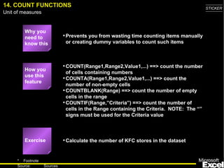 14. COUNT FUNCTIONS Why you need to know this Prevents you from wasting time counting items manually or creating dummy variables to count such items COUNT(Range1,Range2,Value1,...) ==> count the number of cells containing numbers COUNTA(Range1,Range2,Value1,...) ==> count the number of non-empty cells COUNTBLANK(Range) ==> count the number of empty cells in the range COUNTIF(Range,”Criteria” ) ==> count the number of cells in the Range containing the Criteria.  NOTE:  The “” signs must be used for the Criteria value Calculate the number of KFC stores in the dataset How you use this feature Exercise 