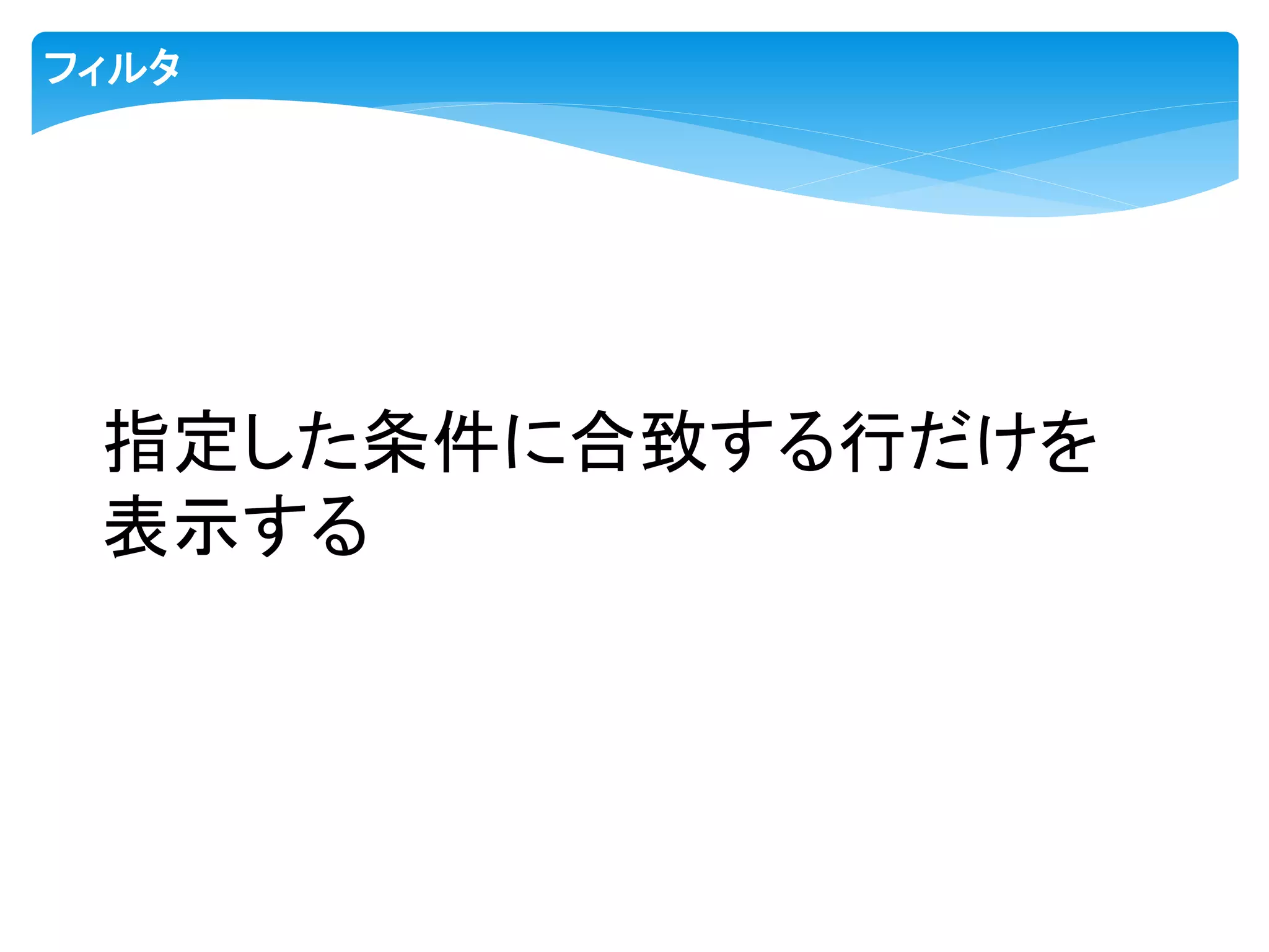 フィルタ
指定した条件に合致する行だけを
表示する
 