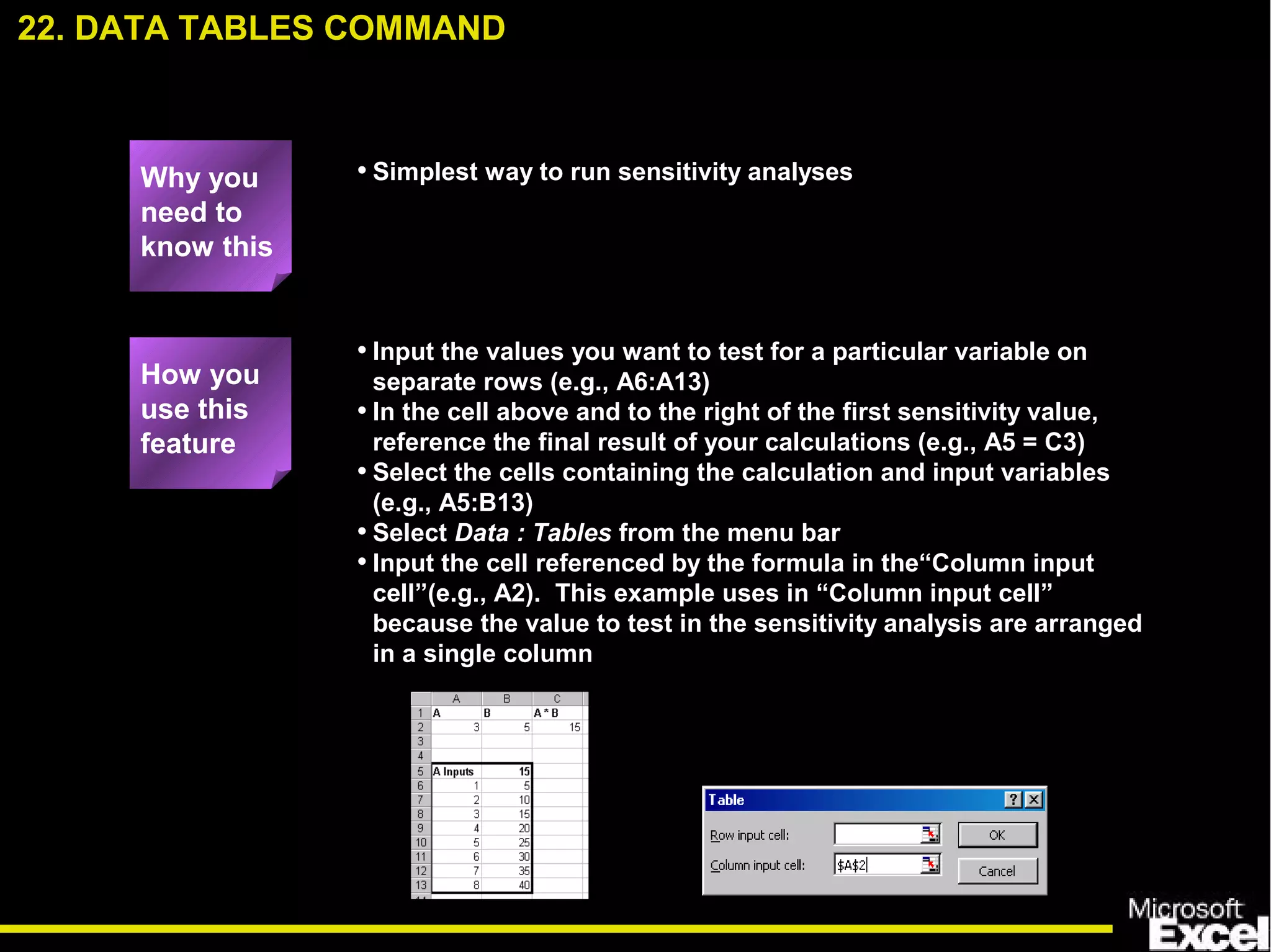 • Simplest way to run sensitivity analyses
• Input the values you want to test for a particular variable on
separate rows (e.g., A6:A13)
• In the cell above and to the right of the first sensitivity value,
reference the final result of your calculations (e.g., A5 = C3)
• Select the cells containing the calculation and input variables
(e.g., A5:B13)
• Select Data : Tables from the menu bar
• Input the cell referenced by the formula in the“Column input
cell”(e.g., A2). This example uses in “Column input cell”
because the value to test in the sensitivity analysis are arranged
in a single column
22. DATA TABLES COMMAND
How you
use this
feature
Why you
need to
know this
 