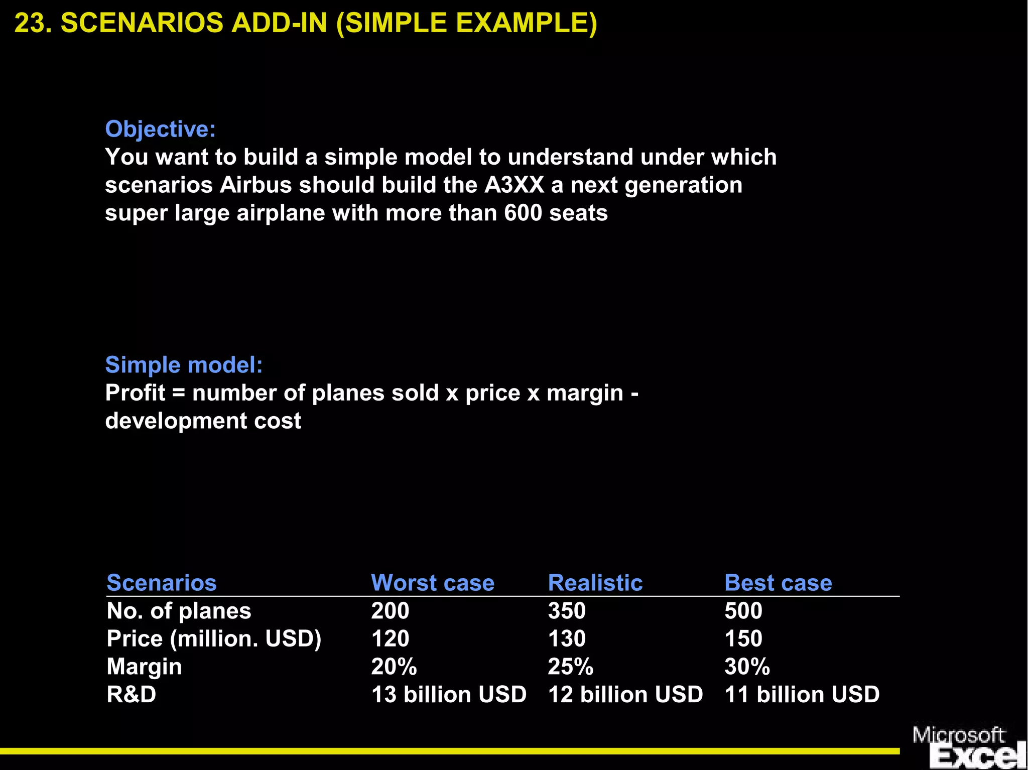 Objective:
You want to build a simple model to understand under which
scenarios Airbus should build the A3XX a next generation
super large airplane with more than 600 seats
Simple model:
Profit = number of planes sold x price x margin -
development cost
Scenarios Worst case Realistic Best case
No. of planes 200 350 500
Price (million. USD) 120 130 150
Margin 20% 25% 30%
R&D 13 billion USD 12 billion USD 11 billion USD
23. SCENARIOS ADD-IN (SIMPLE EXAMPLE)
 