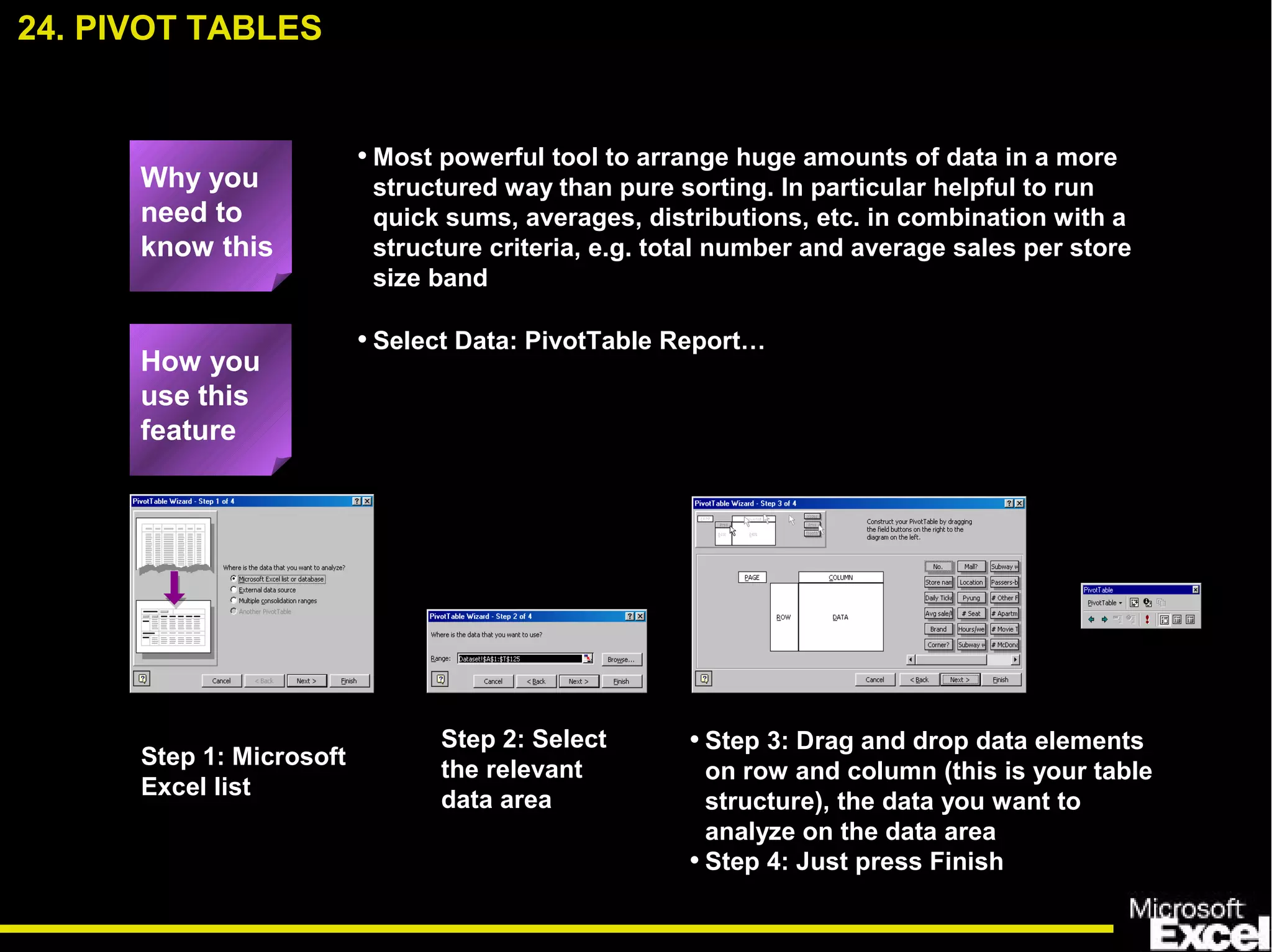 • Most powerful tool to arrange huge amounts of data in a more
structured way than pure sorting. In particular helpful to run
quick sums, averages, distributions, etc. in combination with a
structure criteria, e.g. total number and average sales per store
size band
• Select Data: PivotTable Report…
Step 1: Microsoft
Excel list
Step 2: Select
the relevant
data area
• Step 3: Drag and drop data elements
on row and column (this is your table
structure), the data you want to
analyze on the data area
• Step 4: Just press Finish
24. PIVOT TABLES
How you
use this
feature
Why you
need to
know this
 