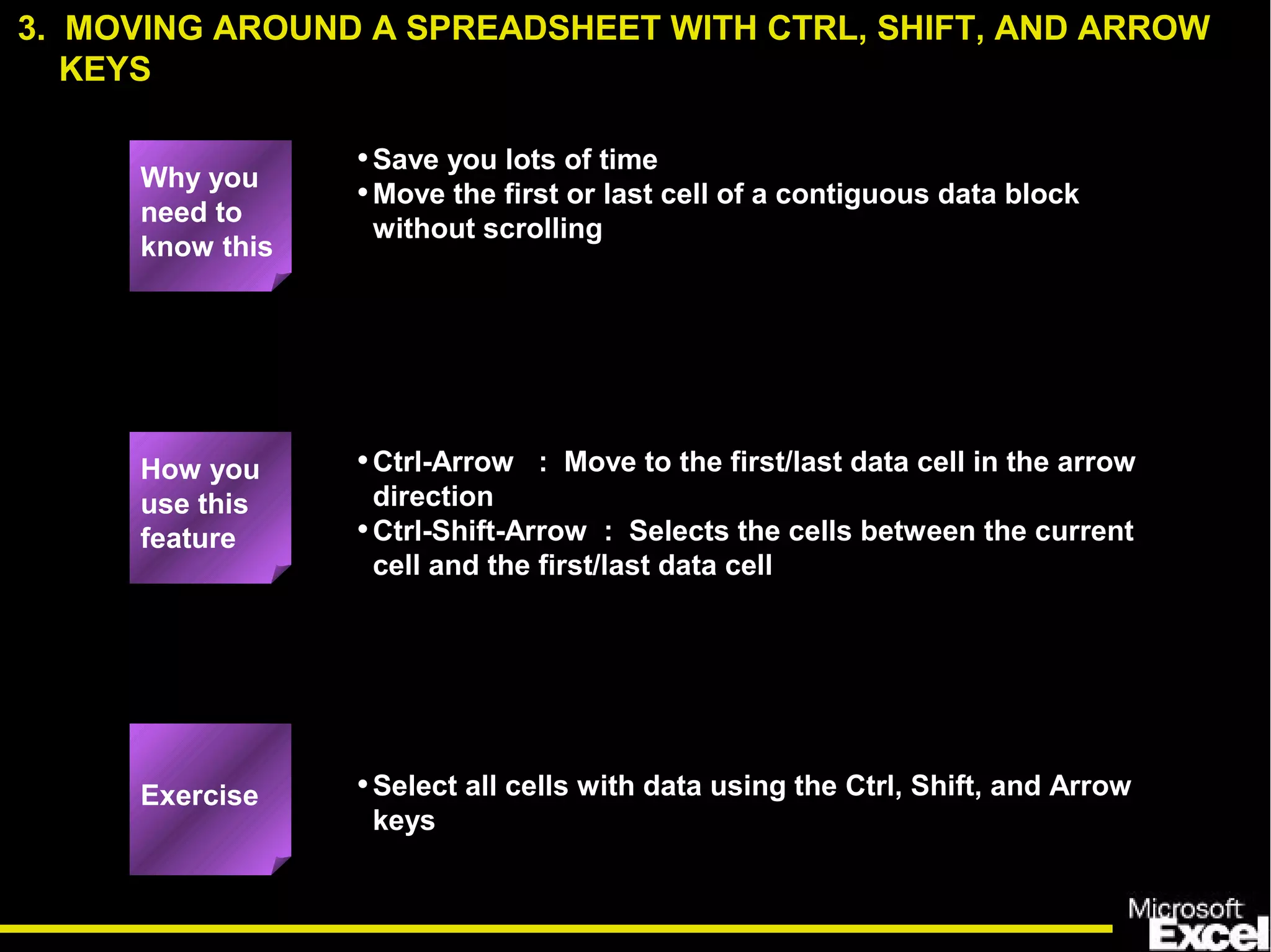 •Save you lots of time
•Move the first or last cell of a contiguous data block
without scrolling
•Ctrl-Arrow : Move to the first/last data cell in the arrow
direction
•Ctrl-Shift-Arrow : Selects the cells between the current
cell and the first/last data cell
•Select all cells with data using the Ctrl, Shift, and Arrow
keys
3. MOVING AROUND A SPREADSHEET WITH CTRL, SHIFT, AND ARROW
KEYS
How you
use this
feature
Exercise
Why you
need to
know this
 