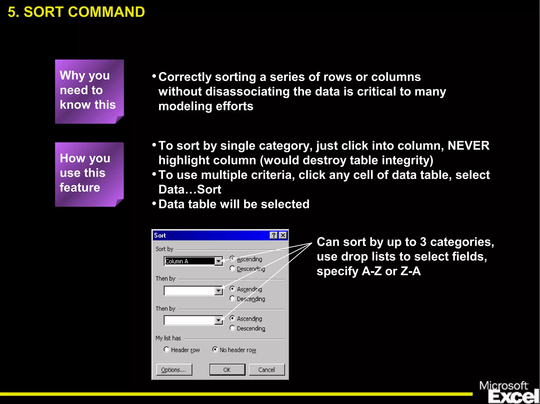 •Correctly sorting a series of rows or columns
without disassociating the data is critical to many
modeling efforts
5. SORT COMMAND
How you
use this
feature
Why you
need to
know this
•To sort by single category, just click into column, NEVER
highlight column (would destroy table integrity)
•To use multiple criteria, click any cell of data table, select
Data…Sort
•Data table will be selected
Can sort by up to 3 categories,
use drop lists to select fields,
specify A-Z or Z-A
 