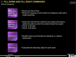 7.  FILL DOWN AND FILL RIGHT COMMANDS Why you need to know this Saves you lots of time Allows for copying of cell content to contiguous cells with a single keystroke Select the cell with the content to be copied and drag to select the cells to which the content should be copied Ctrl-R  to fill right Ctrl-D  to fill down Double-check your formulas for absolute vs. relative references!! Calculate the total daily sales for each store How you use this feature Exercise Caution!! 