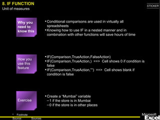 8. IF FUNCTION Why you need to know this Conditional comparisons are used in virtually all spreadsheets Knowing how to use IF in a nested manner and in combination with other functions will save hours of time IF(Comparison,TrueAction,FalseAction) IF(Comparison,TrueAction,)  ==>  Cell shows 0 if condition is false IF(Comparison,TrueAction,””)  ==>  Cell shows blank if condition is false Create a “Mumbai” variable 1 if the store is in Mumbai 0 if the store is in other places How you use this feature Exercise 