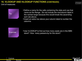 16. VLOOKUP AND HLOOKUP FUNCTIONS  (CONTINUED) Define a name for the cells containing the data and use that name as the Range.  Do not include the row/column label in the named range because this would break the ascending sort rule above. Insert an extra row above your column label to number the columns Use VLOOKUP to find out how many seats are in the KBN store?  How  many  passers-by for the store? Exercise Tip 