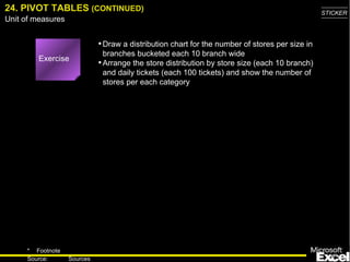 24. PIVOT TABLES  (CONTINUED) Draw a distribution chart for the number of stores per size in branches bucketed each 10 branch wide Arrange the store distribution by store size (each 10 branch) and daily tickets (each 100 tickets) and show the number of stores per each category Exercise 