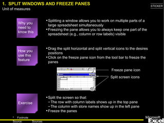1.  SPLIT WINDOWS AND FREEZE PANES Splitting a window allows you to work on multiple parts of a large spreadsheet simultaneously Freezing the pane allows you to always keep one part of the spreadsheet (e.g., column or row labels) visible How you use this feature Drag the split horizontal and split vertical icons to the desires positions Click on the freeze pane icon from the tool bar to freeze the panes Exercise Split the screen so that: The row with column labels shows up in the top pane  The column with store names show up in the left pane Freeze the panes Why you need to know this Freeze pane icon Split screen icons 