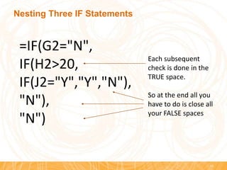 Nesting Three IF Statements
10
=IF(G2="N",
IF(H2>20,
IF(J2="Y","Y","N"),
"N"),
"N")
Each subsequent
check is done in the
TRUE space.
So at the end all you
have to do is close all
your FALSE spaces
 