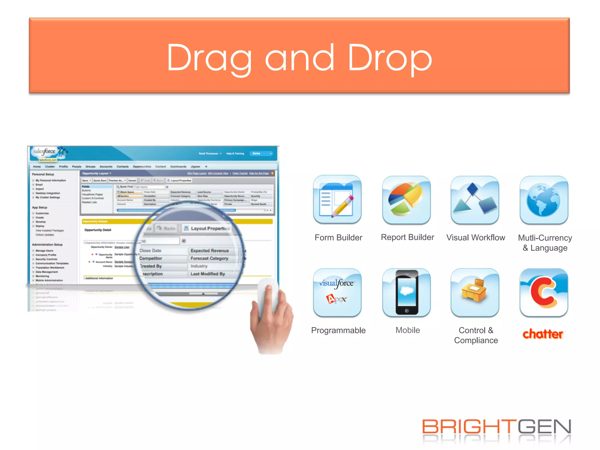 Visual WorkflowReport BuilderForm Builder
Mobile
Mutli-Currency
& Language
Control &
Compliance
Programmable
Drag and Drop
 