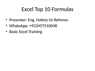 Top 10 Excel Formulae to Learn must for Students | PPTX