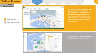 15
01
02
Power map view
Stage 3
Visualization
• The power map function allows to have
a geographical view of the data.
• Various data layers can be added on one
map where the height or width can
represent various data characteristics
• Various data layers can be shown with
reference to timeline of the changes in
data over time.
Power map-heat map
The Power BI journey Power BI on web
Power BI
windows app
Power BI
iOS/Android app
Power MapPower View Power BI designer
• In addition to bar charts, map contains the
functionality of showing heat maps
 