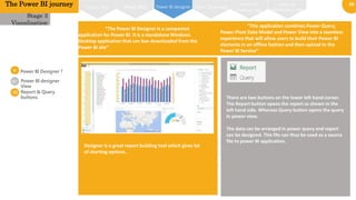 16
0
1
02
Power BI Designer ?
Stage 3
Visualization
“The Power BI Designer is a companion
application for Power BI. It is a standalone Windows
Desktop application that can bae downloaded from the
Power BI site”
02
Power BI designer
View
The Power BI journey Power BI on web
Power BI
windows app
Power BI
iOS/Android app
Power MapPower View Power BI designer
“This application combines Power Query,
Power Pivot Data Model and Power View into a seamless
experience that will allow users to build their Power BI
elements in an offline fashion and then upload to the
Power BI Service”
• There are two buttons on the lower left hand corner.
The Report button opens the report as shown in the
left hand side. Whereas Query button opens the query
in power view.
• The data can be arranged in power query and report
can be designed. This file can thus be used as a source
file to power BI application.
• Designer is a great report building tool which gives lot
of charting options.
03 Report & Query
buttons
 