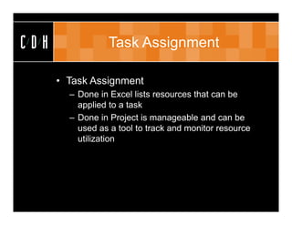 CDH              Task Assignment

      • Task Assignment
        – Done in Excel lists resources that can be
          applied to a task
        – Done in Project is manageable and can be
          used as a tool to track and monitor resource
          utilization
 