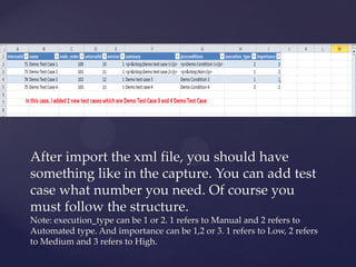 After import the xml file, you should have
something like in the capture. You can add test
case what number you need. Of course you
must follow the structure.
Note: execution_type can be 1 or 2. 1 refers to Manual and 2 refers to
Automated type. And importance can be 1,2 or 3. 1 refers to Low, 2 refers
to Medium and 3 refers to High.
 
