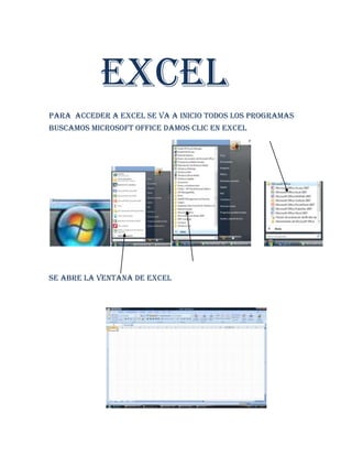      Excel<br />Para  acceder a Excel se va a inicio todos los programas buscamos Microsoft office damos clic en Excel<br />        <br />Se abre la ventana de Excel     <br />                                          <br />                 Insertar celdas<br />Para insertar celdas vamos a la barra de herramientas de Excel celdas    <br />                                     <br />Damos clic en insertar y se abre la siguiente ventana donde podemos insertar las celdas dando clic en insertar celdas<br />                                       <br />                  Insertar hojas  <br />Para insertar hojas se hace el mismo procedimiento anterior con la diferencia que se selecciona insertar hojas             <br />                                 <br />   <br />               Y aparece una nueva hoja en la ventana de Excel en la parte de izquierda de la parte de abajo <br />Otra forma de agregar una nueva hoja es dar clic en la parte de abajo  al  final de la última hoja  <br />                                                                                      <br />Insertar libros<br />Para insertar un nuevo libro damos clic en el botón de office   y damos clic en nuevo  luego en crear                                                                                                                 <br />             Auditoria en Excel<br />Para utilizar la auditoria en Excel se siguen los siguientes pasos:<br />1. damos clic en formulas de la barra de herramientas<br />2. tomamos una celda donde se trabajo con una formula<br />3. damos clic en rastrear  precedentes  de la barra de herramientas aparece una flecha que indica que celdas intervienen en la formula seleccionada <br />4. para saber si hay celdas que afecten otras celdas se sigue el procedimiento anterior pero se selecciona rastrear dependientes de la barra de herramientas<br />5. aparecen unas flechas azules que determinan cuales celdas dependen de la escogida, una línea negra punteada y un cuadro pequeño que determina que la celda seleccionada afecta a otras celdas.<br />        <br />                             Filtros<br />Filtro: forma rápida de buscar y escoger los datos que necesitamos y ocultar aquellos con los cuales no necesitamos trabajar <br />      Pasos para realizar los filtros<br />1. llenar la tabla con los datos que necesitamos<br />                   <br />2. damos clic en ordenar y filtrar<br />3. escogemos la opción filtro<br />                            <br />4. aparecen unas flechas en cada columna de la tabla  <br />                                  <br />     5. damos clic en cualquiera de las flechas de las   columnas que contienen texto y se despliega la siguiente ventana en la cual podemos seleccionar todos los datos o unicamente un solo dato para que la informacion se organice como queremos<br />                                               <br /> 6.luego de dar clic en aceptar los datos de la tabla aparecen organizados de la forma en que la escogimos<br />  <br />                                      Autofiltro<br />Es la forma en que podemos escoger la informacion que nesecitamos que contenga una letra especifica o un simbolo especifico para esto se siguen los siguientes pasos<br />1. En la ventana del paso anterior seleccionamos filtro de texto<br />                                 <br />2. en la ventana que abre seleccionamos filtro personalizado<br />                                   <br />3.se llena con los datos en la ventana que se muestra a continuacion y damos clic en aceptar<br />                               <br />     <br />                     Filtrar numeros y fechas      <br />Para filtrar en las columnas que contengan numeros se sigue el procedimiento anterior<br />      Filtrar por color de celda y forma de<br />                                  iconos <br />cuando en las tablas se tra baja con colores de celda y diferente clase de iconos para escogerlos y queden seleccionados se sigue el procedimiento igual para filtrar texto y numero con la variacion que en la ventana donde se filtra aparece una nueva opcion de filtrar por color que al escogerse abrira otra ventana donde podemos escoger el color y tipo de icono con los que podemos hacer la seleccion <br />                                <br />                        <br />               Insertar gráficos<br />Para insertar gráficos en una tabla de Excel se siguen los siguientes pasos<br />1. llenar la tabla con los datos que necesitamos<br />                       <br />2. debemos seleccionar los datos<br />                 <br />3. damos clic en insertar y en la opción de gráficos seleccionamos el tipo de grafico con el cual queremos trabajar<br />                                              <br />4. una vez seleccionado el tipo de grafico damos clic en el grafico y nos aparece el diagrama del grafico en la tabla de Excel<br />                        <br />5. para observar el grafico en una hoja entera vamos a la opción mover grafico<br />6. aparece una ventana donde ponemos la ubicación de la hoja donde queremos visualizar el grafico y damos clic en aceptar<br />                          <br />7. el grafico aparece en la hoja completa donde la seleccionamos<br />                               <br />                 Formulas en Excel<br />Son operaciones que realizan cálculos con los valores de la hoja de cálculo.<br />Para trabajar con formulas se siguen los siguientes pasos <br />1. seleccionamos la celda donde necesitamos la formula<br />              <br />2. escribimos la formula en esta celda teniendo en cuenta que siempre se comienza con el signo igual = seguido de las celdas que intervienen en la formula ejemplo =c2+d2+e2 y hacemos clic en enter para obtener el resultado<br />                       Resultado  <br />                                        Autosuma  <br />Para trabajar con autosuma seguimos los siguientes pasos  <br />1. damos clic en formulas en la barra de herramientas<br />              <br />2. seleccionamos la celda donde queremos incluir la autosuma<br />                            <br />3. hacemos clic en autosuma y nos aparece la formula en la celda seleccionada<br />                 <br />4. damos clic en entre y nos aparece el resultado en la celda seleccionada<br />          <br />                                  Power point<br />                       Insertar  diapositivas<br />Para insertar diapositivas seguimos los siguientes pasos:<br />1. damos clic en la opción nueva diapositiva de la barra de herramientas <br />2. aparece las opciones de la diapositiva que podemos utilizar<br />                              <br />3. seleccionamos la diapositiva con la cual queremos trabajar<br />4. aparece  la diapositiva con su respectivo número y podemos empezar a trabajar sobre esta diapositiva escogida<br />                       Insertar smartart<br />Para insertar smarart se siguen los siguientes pasos:<br />1. damos clic en insertar<br />                                                                       <br />2. seleccionamos la opción smartart de la barra de herramientas<br />              <br />3. se abre la siguiente ventana<br />                               <br />4. seleccionamos la grafica con la cual queremos trabajar y damos clic en aceptar<br />5. aparece la grafica en la diapositiva<br />                       <br />6. para escribir los textos del grafico de4bemos dar clic sobre las flechas que aparecen a la izquierda del grafico<br />                                       <br />7. se abre una ventana d0nde podemos configurar los datos requeridos<br />            <br />8. escribimos los datos<br />                         <br />9. si necesitamos más espacios para mas datos oprimimos enter y aparece otro espacio donde escribir los datos <br />           <br />10. podemos agregar colores a nuestros gráficos y cambiar la forma del grafico con las opciones que hay en la barra de herramientas de smartart<br />                              Insertar  videos<br />1. debemos dejar en blanco la diapositiva para esto hacemos clic sobre la línea punteada de los cuadros que aparecen en la diapositiva y oprimimos suprimir<br />2. la diapositiva aparece en blanco<br />                                  <br />3. vamos a la opción diseño de la barra de herramientas de diapositivas<br />4. se abre la siguiente ventana donde seleccionamos la diapositiva que dice títulos y objetos<br />5. aparece la siguiente diapositiva<br />               <br />6. damos clic en la opción insertar clip multimedia<br />7. se abre la siguiente ventana donde podemos elegir el video con el cual queremos trabajar<br />                              <br />8. seleccionamos el video y damos clic en aceptar<br />                                <br />9. aparece el video en la diapositiva y una ventana pequeña en la cual podemos escoger la opción de cómo queremos que el video se muestre en nuestra diapositiva<br />                                         <br />10. al seleccionar la forma de reproducir el video le escribimos el titulo y el video queda listo para su presentación<br />