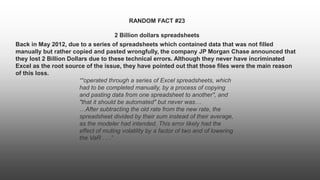 RANDOM FACT #23
2 Billion dollars spreadsheets
Back in May 2012, due to a series of spreadsheets which contained data that was not filled
manually but rather copied and pasted wrongfully, the company JP Morgan Chase announced that
they lost 2 Billion Dollars due to these technical errors. Although they never have incriminated
Excel as the root source of the issue, they have pointed out that those files were the main reason
of this loss.
““operated through a series of Excel spreadsheets, which
had to be completed manually, by a process of copying
and pasting data from one spreadsheet to another", and
"that it should be automated" but never was…
…After subtracting the old rate from the new rate, the
spreadsheet divided by their sum instead of their average,
as the modeler had intended. This error likely had the
effect of muting volatility by a factor of two and of lowering
the VaR . . .”
 