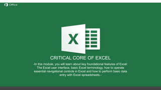 CRITICAL CORE OF EXCEL
-In this module, you will learn about key foundational features of Excel:
The Excel user interface, basic Excel terminology, how to operate
essential navigational controls in Excel and how to perform basic data
entry with Excel spreadsheets.-
 