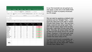 In our first example we are going to try
and apply a color set on the Sales Rate
column in order to properly showcase
our 9% target.
We can start by applying a default color
scheme such as “Greater Than…” and
have the value set to 9% with a “Green
Fill with Dark Green Text”. We can then
apply a second rule using “Less Than…”
and use the same value of 9% but this
time with “Light Red Fill with Dark Red
Text”. This way, all values below 9% will
be Red and all values above 9% will be
Green. However, in this particular case
we are left with no color for cells that
contain the exact value of 9%.
In order to avoid such a possibility, we
will use a third rule through “Equal To…”
and select 9% as the value with “Yellow
Fill with Dark Yellow Text”.
 