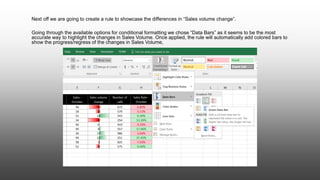 Next off we are going to create a rule to showcase the differences in “Sales volume change”.
Going through the available options for conditional formatting we chose “Data Bars” as it seems to be the most
accurate way to highlight the changes in Sales Volume. Once applied, the rule will automatically add colored bars to
show the progress/regress of the changes in Sales Volume,
 