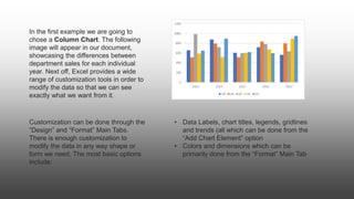 In the first example we are going to
chose a Column Chart. The following
image will appear in our document,
showcasing the differences between
department sales for each individual
year. Next off, Excel provides a wide
range of customization tools in order to
modify the data so that we can see
exactly what we want from it.
Customization can be done through the
“Design” and “Format” Main Tabs.
There is enough customization to
modify the data in any way shape or
form we need. The most basic options
include:
• Data Labels, chart titles, legends, gridlines
and trends (all which can be done from the
“Add Chart Element” option
• Colors and dimensions which can be
primarily done from the “Format” Main Tab
 