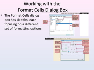 Working with the
Format Cells Dialog Box
• The Format Cells dialog
box has six tabs, each
focusing on a different
set of formatting options
 