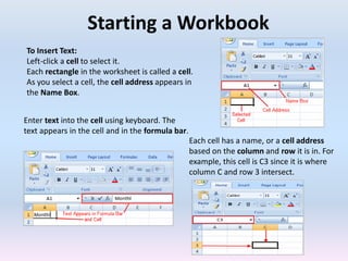 Starting a Workbook
To Insert Text:
Left-click a cell to select it.
Each rectangle in the worksheet is called a cell.
As you select a cell, the cell address appears in
the Name Box.
Enter text into the cell using keyboard. The
text appears in the cell and in the formula bar.
Each cell has a name, or a cell address
based on the column and row it is in. For
example, this cell is C3 since it is where
column C and row 3 intersect.
 