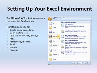 Setting Up Your Excel Environment
The Microsoft Office Button appears at
the top of the Excel window.
From this menu you can
• Create a new spreadsheet
• Open existing files
• Save files in a variety of ways
• Print
• Add security features
• Send
• Publish
• Close file
 
