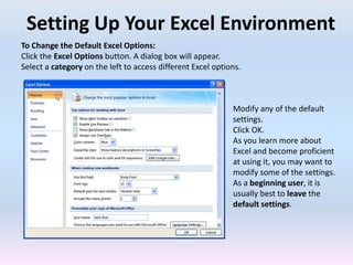 Setting Up Your Excel Environment
To Change the Default Excel Options:
Click the Excel Options button. A dialog box will appear.
Select a category on the left to access different Excel options.
Modify any of the default
settings.
Click OK.
As you learn more about
Excel and become proficient
at using it, you may want to
modify some of the settings.
As a beginning user, it is
usually best to leave the
default settings.
 
