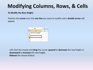 Modifying Columns, Rows, & Cells
To Modify the Row Height:
Position the cursor over the row line you want to modify and a double arrow will
appear.
Left-click the mouse and drag the cursor upward to decrease the row height or
downward to increase the row height.
Release the mouse button.
 