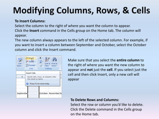 Modifying Columns, Rows, & Cells
To Insert Columns:
Select the column to the right of where you want the column to appear.
Click the Insert command in the Cells group on the Home tab. The column will
appear.
The new column always appears to the left of the selected column. For example, if
you want to insert a column between September and October, select the October
column and click the Insert command.
Make sure that you select the entire column to
the right of where you want the new column to
appear and not just the cell. If you select just the
cell and then click Insert, only a new cell will
appear
To Delete Rows and Columns:
Select the row or column you’d like to delete.
Click the Delete command in the Cells group
on the Home tab.
 