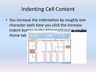 Indenting Cell Content
• You increase the indentation by roughly one
character each time you click the Increase
Indent button in the Alignment group on the
Home tab
 