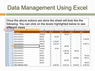 Data Management Using Excel
Once the above actions are done the sheet will look like the
following. You can click on the levels highlighted below to see
different views
 