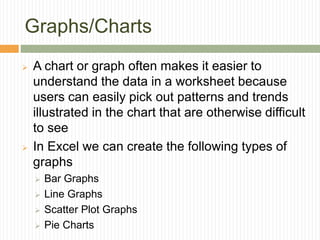 Graphs/Charts
 A chart or graph often makes it easier to
understand the data in a worksheet because
users can easily pick out patterns and trends
illustrated in the chart that are otherwise difficult
to see
 In Excel we can create the following types of
graphs
 Bar Graphs
 Line Graphs
 Scatter Plot Graphs
 Pie Charts
 