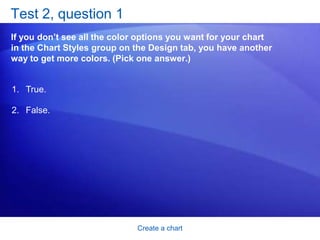 Create a chartAdd your chart to a PowerPoint presentationWhen your chart looks just the way you want and it’s ready for a debut, you can easily add it to a Microsoft Office PowerPoint®presentation. Here’s how it works.Copy the chart in Excel. Open PowerPoint 2007. On the slide you want the chart to be on, paste the chart. 